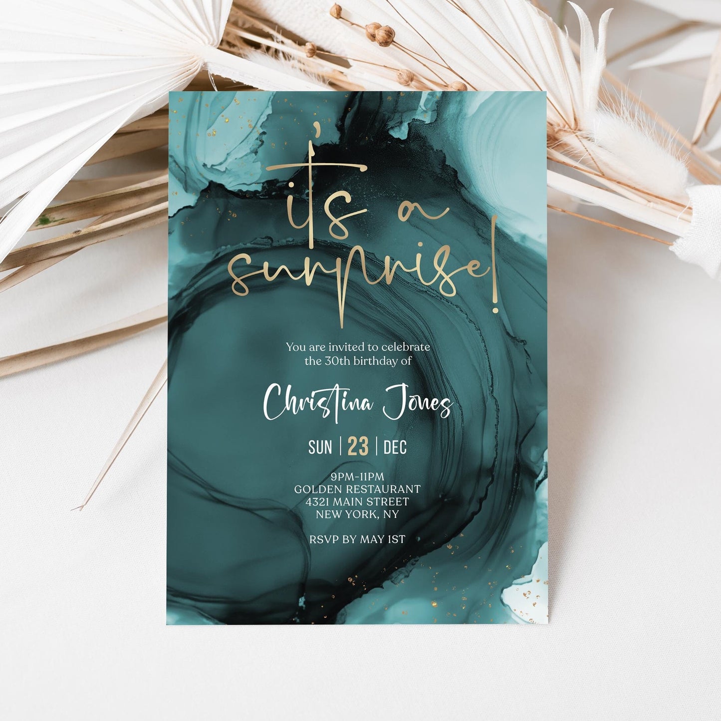Teal Gold Birthday Surprise Party Invite Card, Editable Any Age Invitation Template, Printable Surprise Invitation Evite, Digital Download
