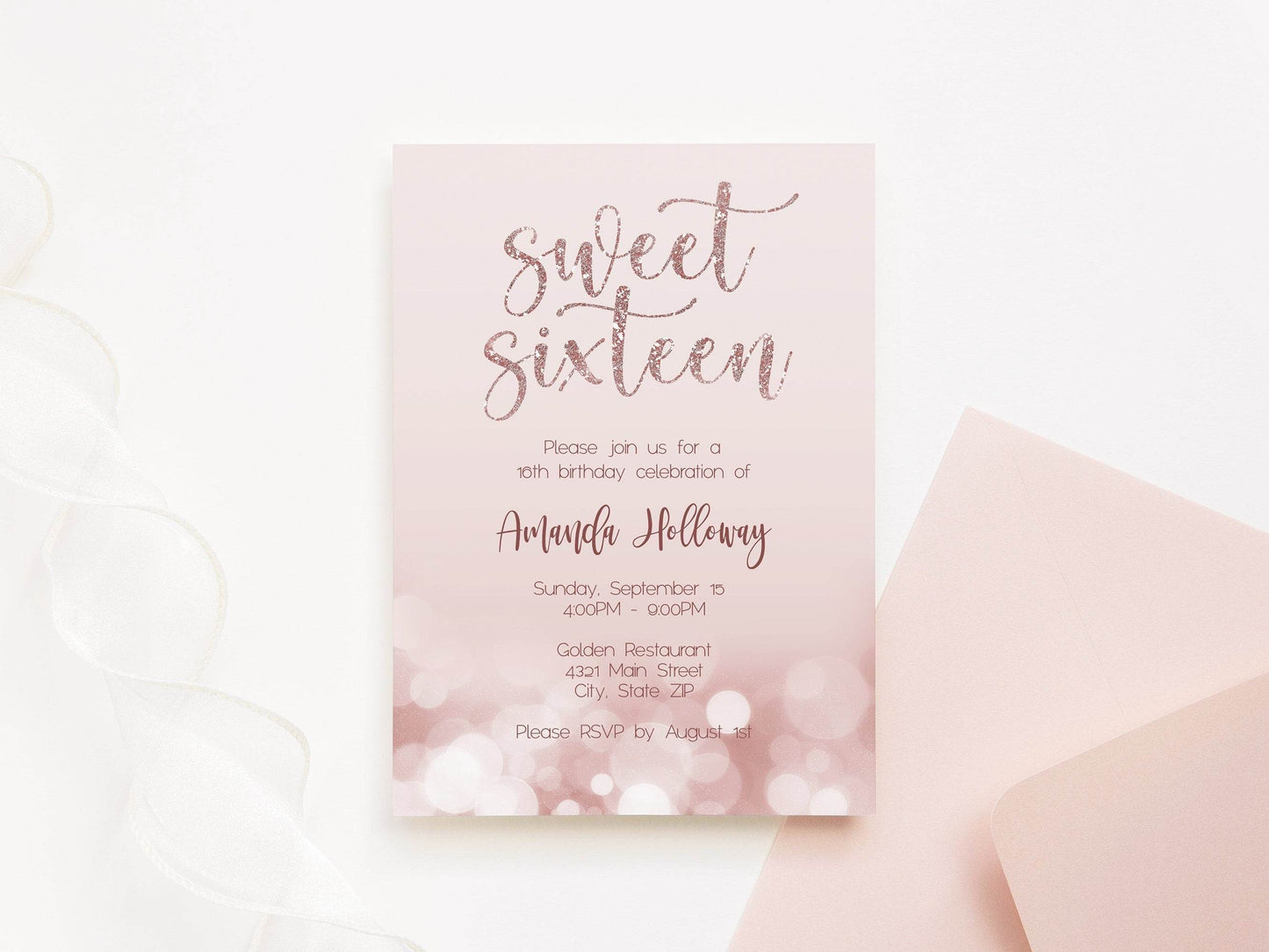 Sweet 16 Sixteen Rose Gold Glitter Birthday Invitation, Editable Invite Template, 5x7, Print or Text Digital Invitation, Instant Download