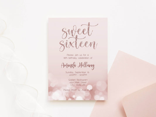 Sweet 16 Sixteen Rose Gold Glitter Birthday Invitation, Editable Invite Template, 5x7, Print or Text Digital Invitation, Instant Download