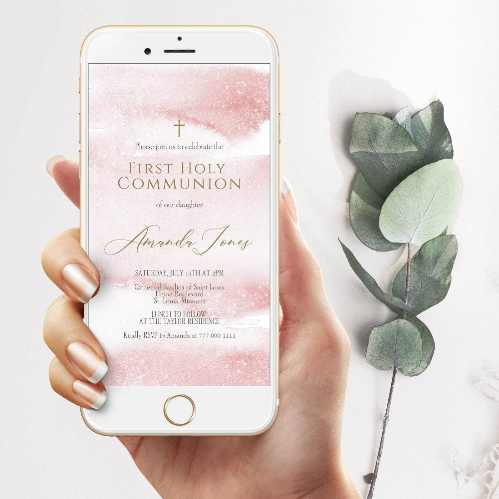 Girl First Holy Communion Invitation Template | Digital Pink Watercolor Editable Invite | Electronic Text Message Card | Instant Download