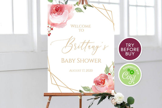 Baby Shower Welcome Sign Template, Editable Welcome Sign Instant Download, Blush Pink Floral Gold Geometric, Wedding Welcome Sign Download