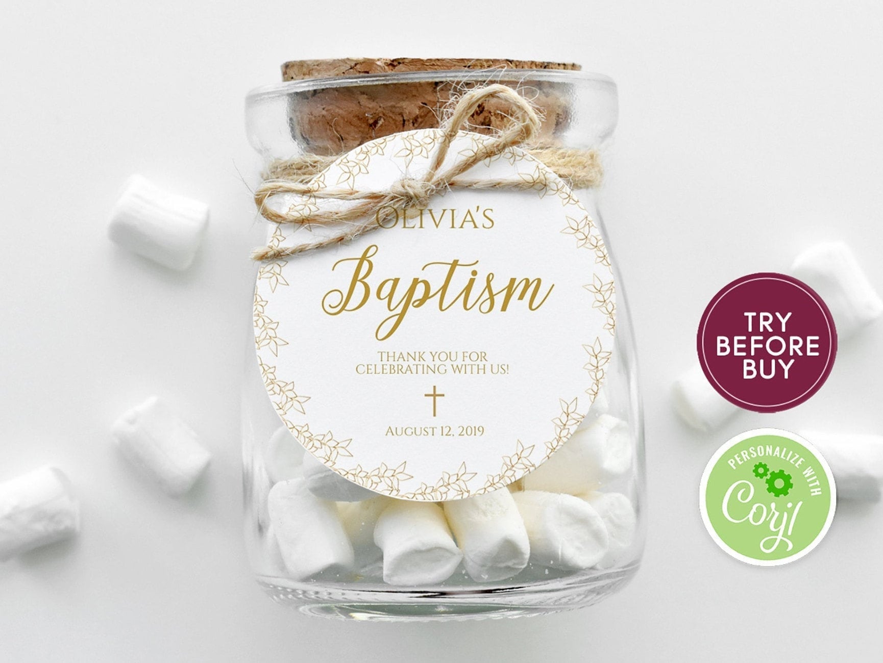 Thank You Baptism Round Tag Template, Printable First Communion Favor Tag, Gold Wreath Baptism Christening Tag, Instant Download DIY