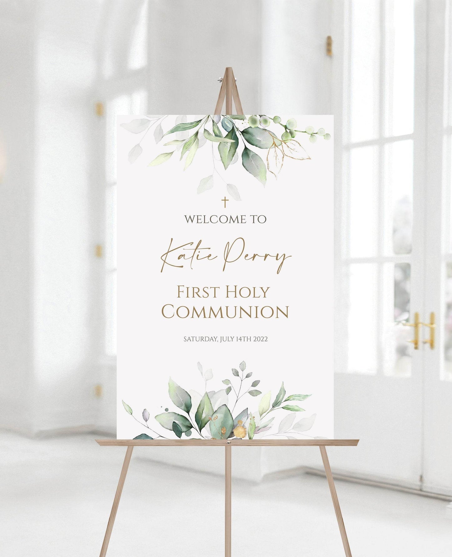 Greenery Communion Welcome Sign, First Holy Communion Poster, Eucalyptus Gold Leaves, Sage Leaves, Boho Cross Welcome Template, Boy or Girl