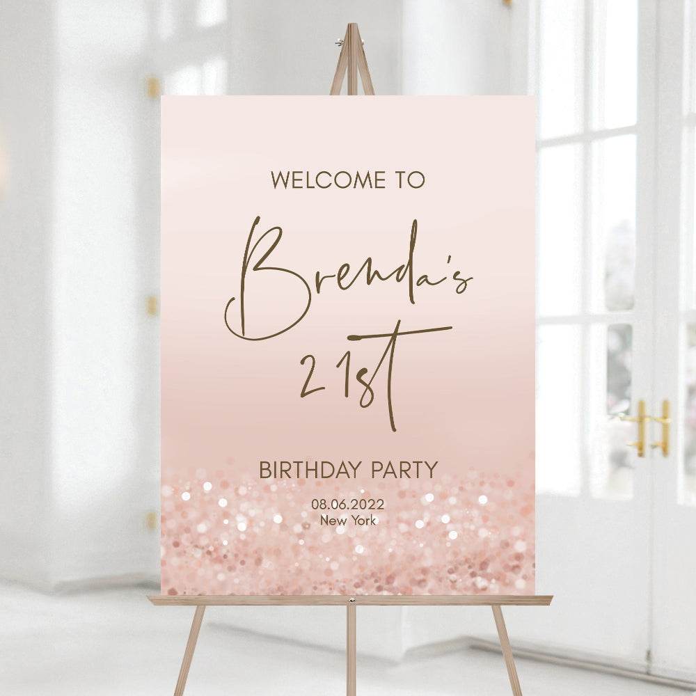 21st Birthday Welcome Sign Template – Editable Pink & Rose Gold Confetti Welcome Poster | Modern Twenty One Party Sign | Instant Digital Download