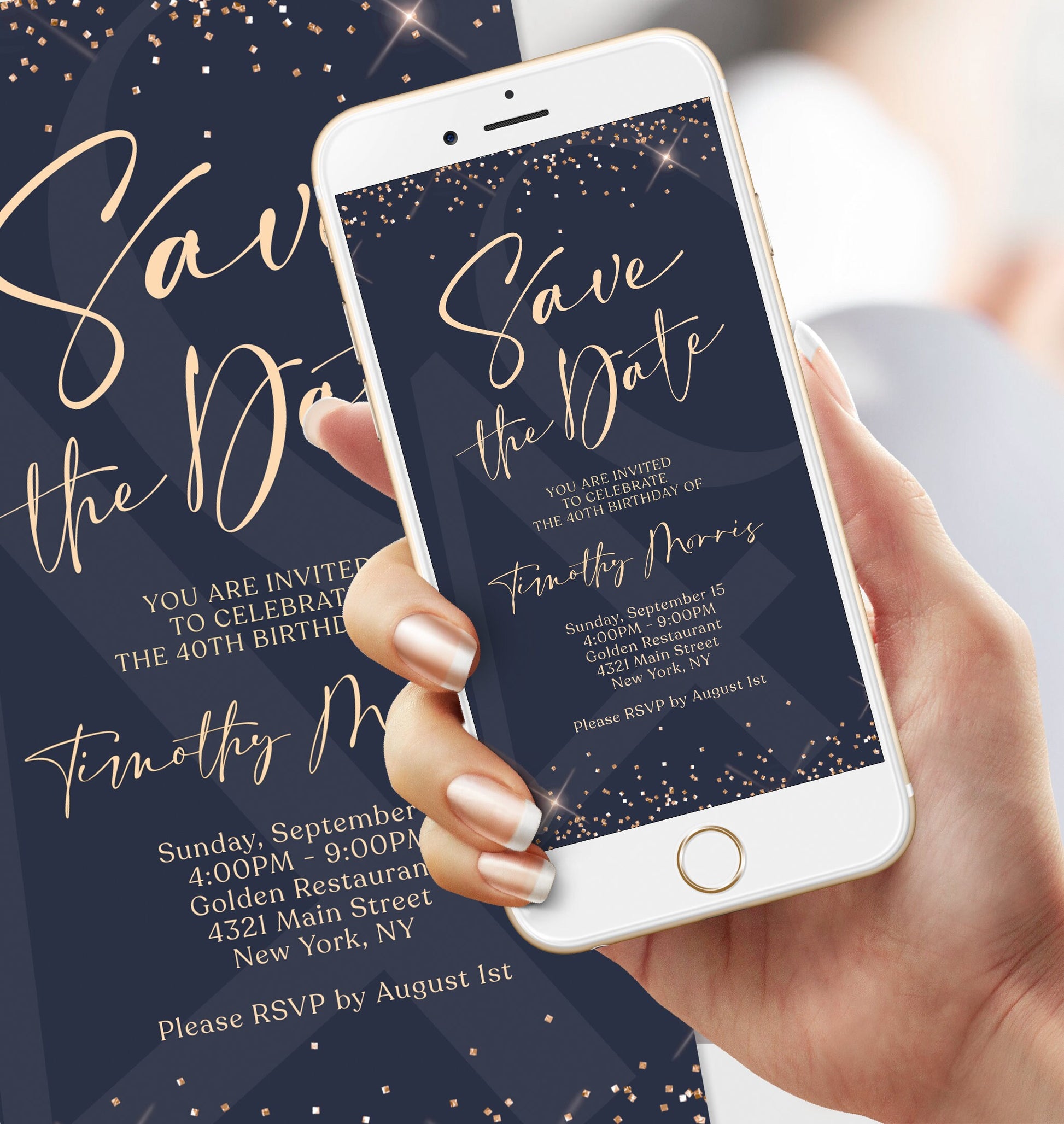 Navy Gold 40th Forty Birthday Digital Invitation Evite, Phone text message invite, Editable Template, Electronic Email DIY Mens Invitation