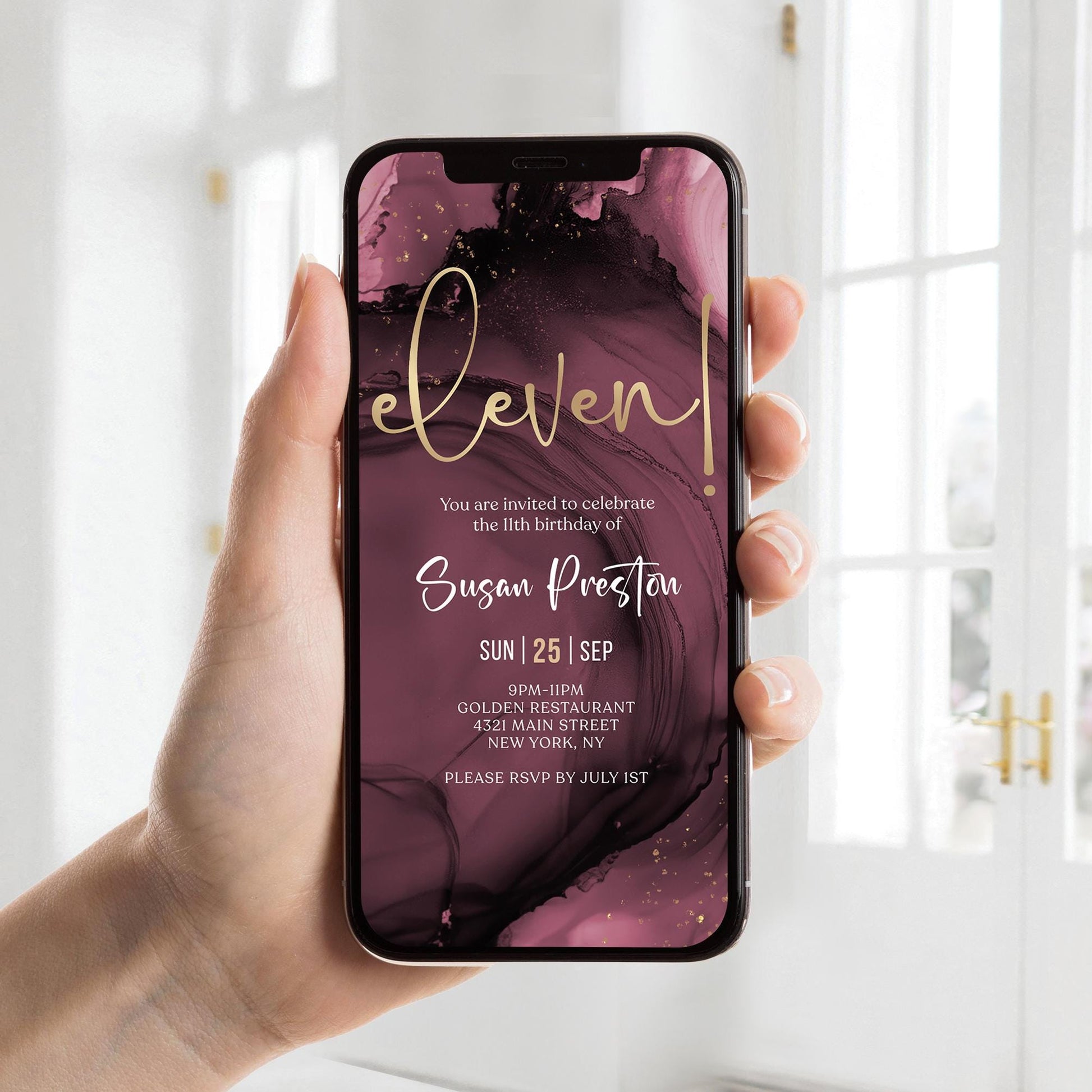 Purple Gold 11th Birthday Invitation Template, Digital Girl Party Invite, Editable Electronic Evite, Email & Text Message, Instant Download