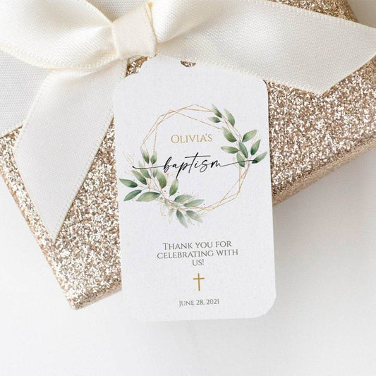 Greenery Gold Wreath Baptism Thank You Tag Template – Printable Baptism Favor Tags | Editable Boy Girl Christening Tags | Instant Download DIY