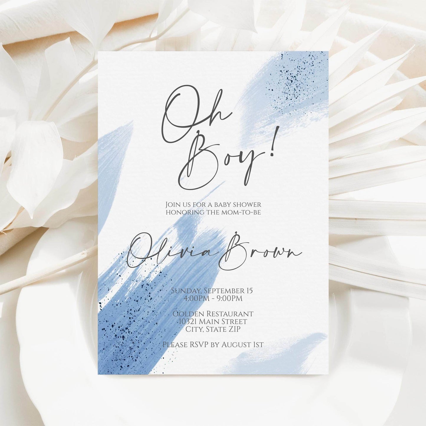 Oh Boy Baby Shower Invitation Template – Printable Blue Watercolor Baby Shower Invite | Editable Boy Baby Shower Template | Instant Download