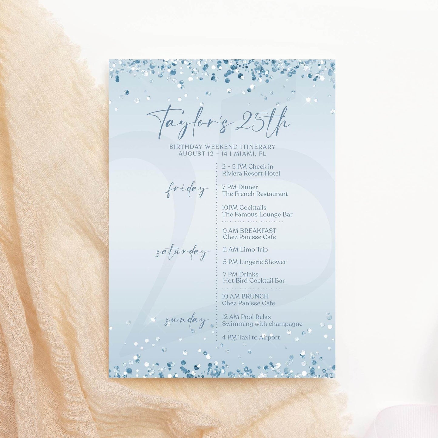 Editable Blue Silver Any Age Birthday Itinerary Template, Printable Blue Confetti Itinerary, Ladies Weekend Itinerary, Email Text Message