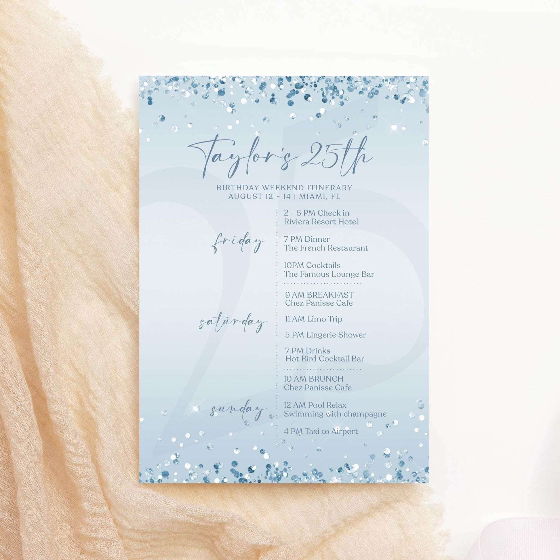 Editable Blue Silver Any Age Birthday Itinerary Template, Printable Blue Confetti Itinerary, Ladies Weekend Itinerary, Email Text Message