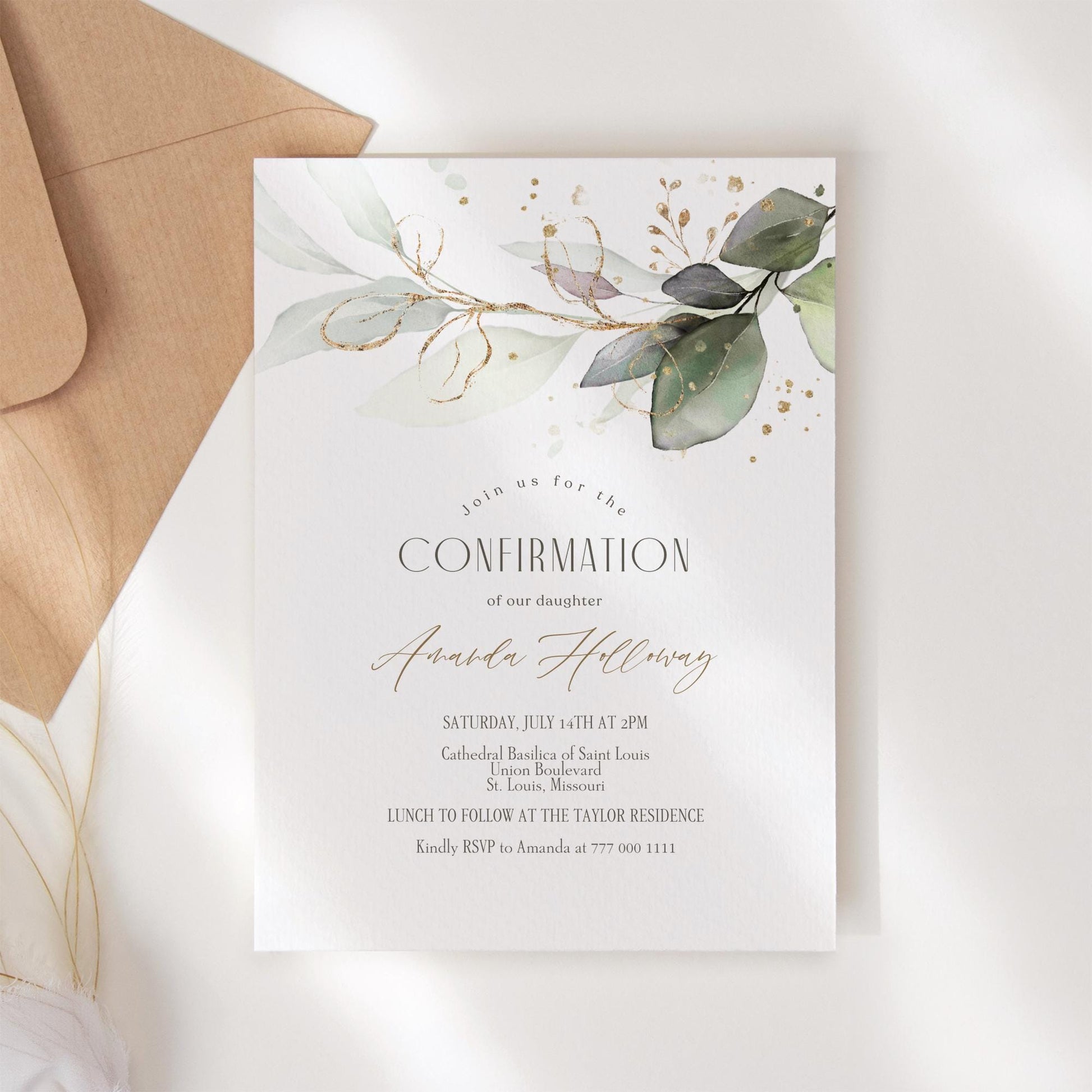 Confirmation Invitation Template | Printable Greenery Eucalyptus Invite | Editable Baptism or Confirmation Card | Instant Download