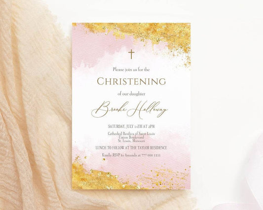 Printable Girl Christening Invitation Template, Editable Pink Gold Baptism Invite, Pink Watercolor Christening Invitation, Instant Download
