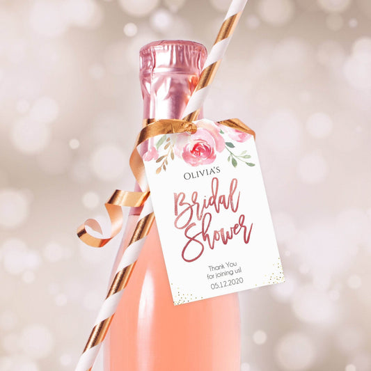 Rose Gold Bridal Shower Thank You Tags – Editable Wine & Champagne Bottle Favor Tags – Floral Pink Gold Confetti – Instant Download
