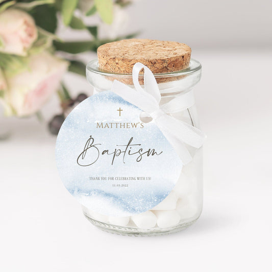 Boy Baptism Favor Tag | Blue Round Thank You Tag | Christening Decor