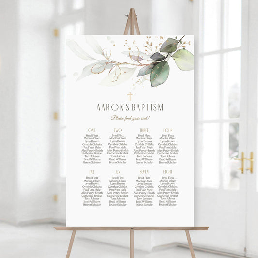 Editable Baptism Seating Chart Template – Elegant Greenery Eucalyptus Seating Plan | Printable Christening Table Sign for Boy or Girl | Instant Download