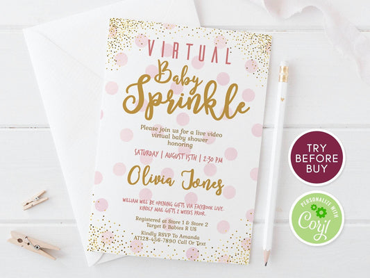 Virtual Baby Sprinkle Invitation Girl, Editable Pink Gold Confetti Shower Invite, Social Distancing Baby Shower, Digital Download