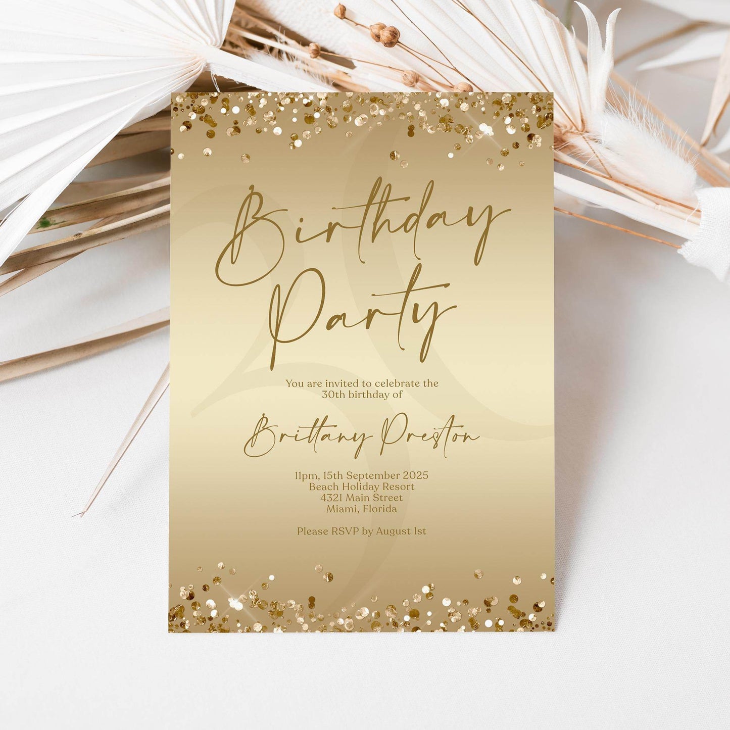 Editable Ladies Golden Birthday Party Invitation Template, Gold Party Invite, Printable Woman Brunch Card, Digital Email Text Message Evite