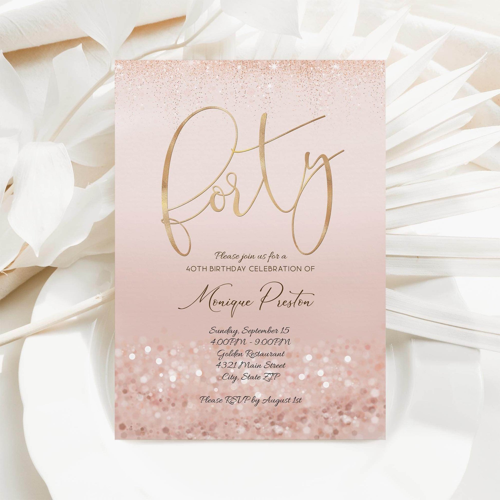 Rose Gold 40th Birthday Invitation Template, Editable Ladies Surprise Party Invite, Printable Pink Evite, Digital Text Message Download
