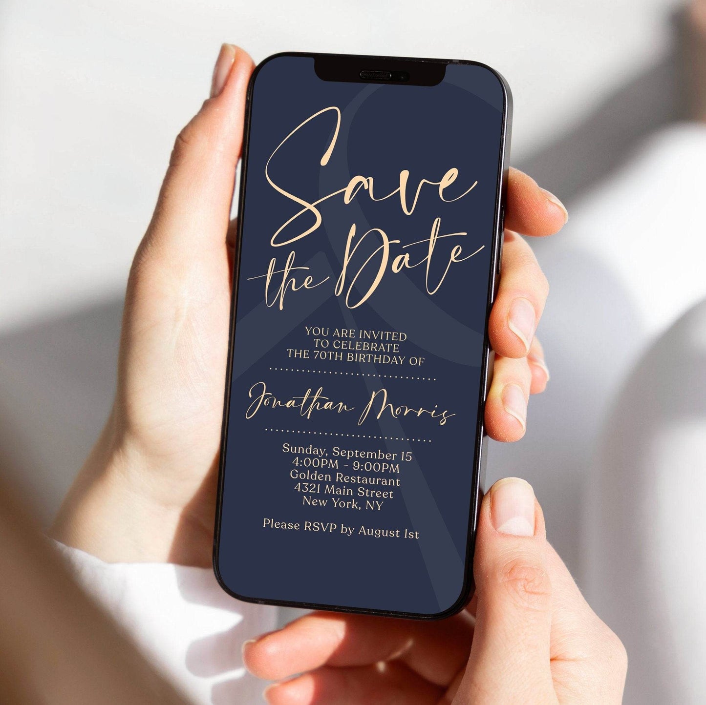 70th Birthday Save the Date Invitation | Editable Navy Digital Evite | Electronic Text Message Template | Seventy Birthday Phone Invite | Instant Download