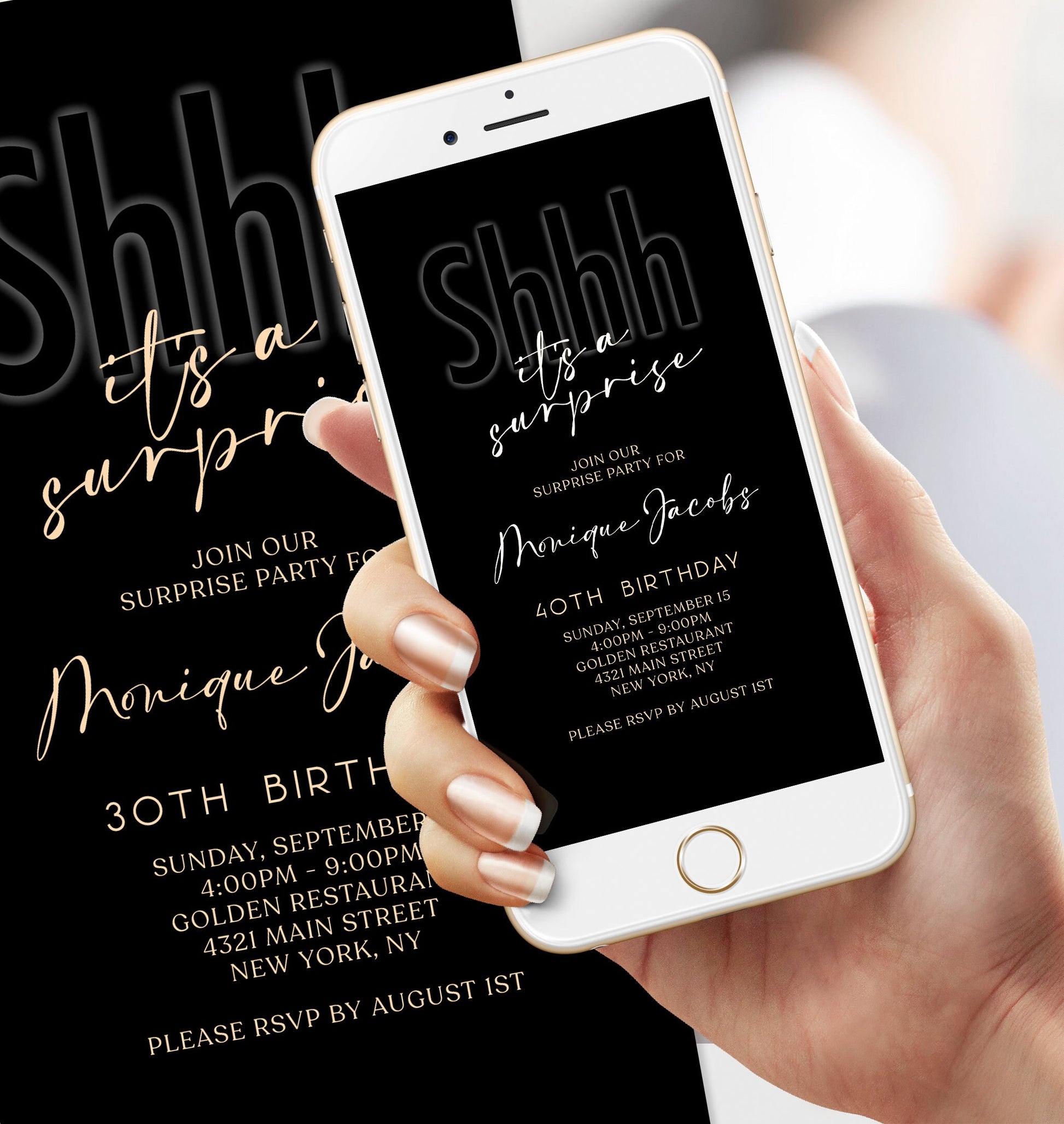 Shhh it's a surprise invite, Digital surprise party invite, Invitation Template, Text Message Evite, 40th Electronic Mobile Phone Invite