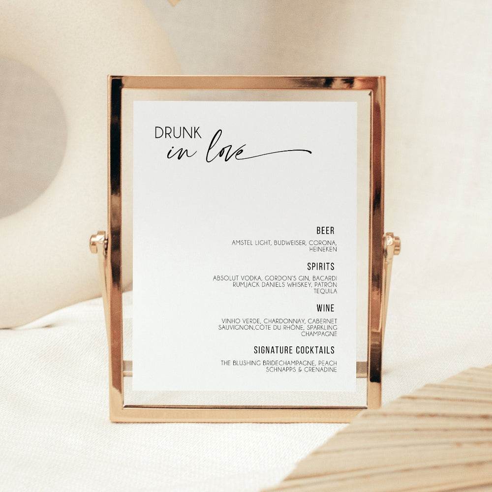 Modern Wedding Bar Menu Template – 8x10 “Drunk in Love” Minimalist Drink Sign – Editable Printable Wedding Bar Sign – DIY Instant Download