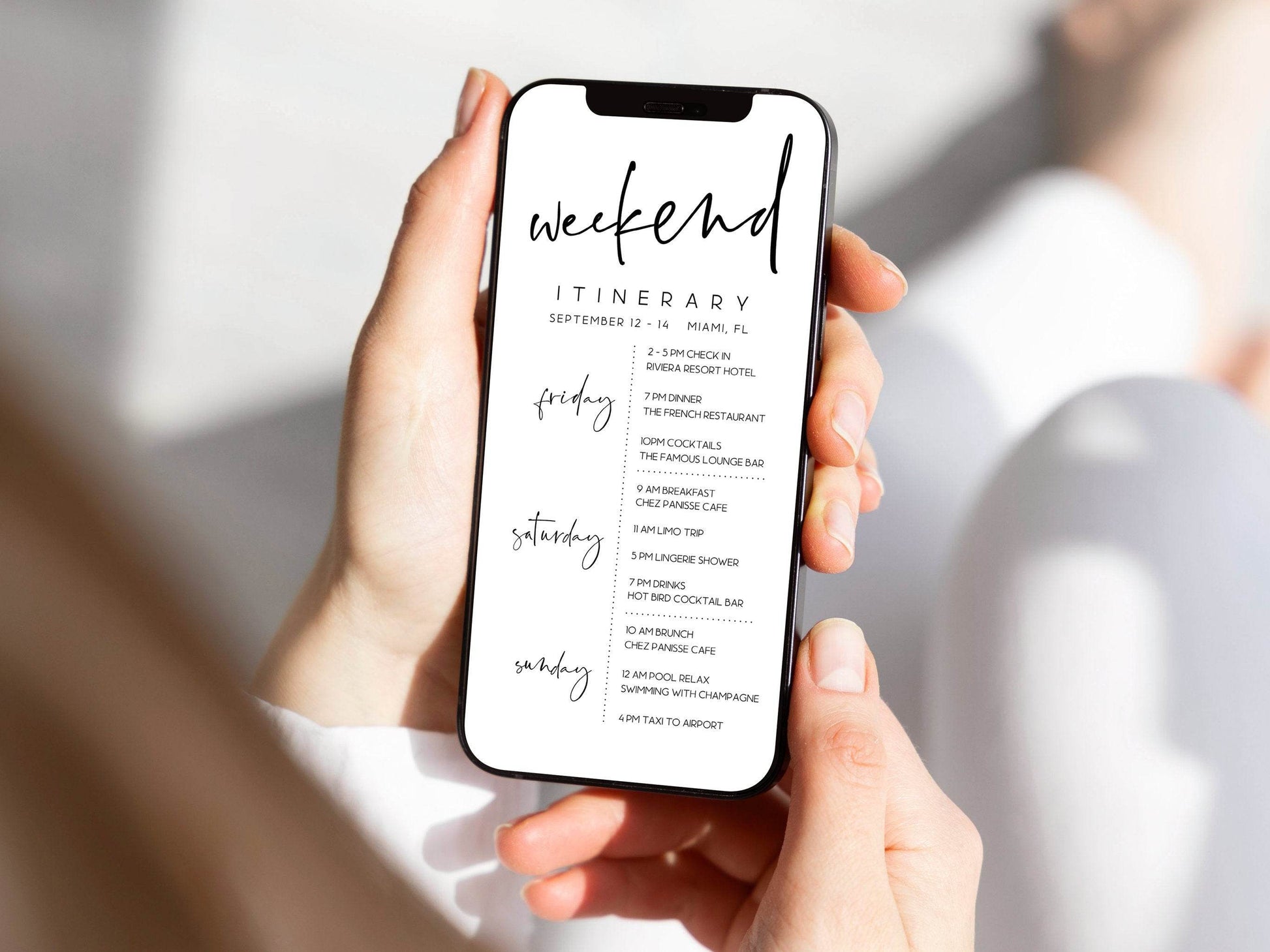 Electronic Itinerary Template, Editable Hens Weekend Itinerary, Bachelorette or Birthday Weekend Schedule, Minimalist Digital Itinerary