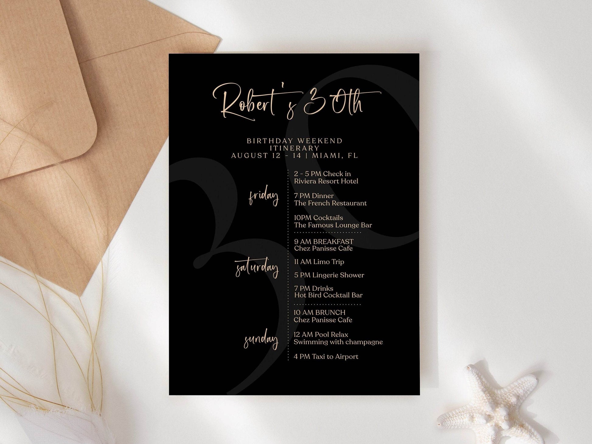 Black Gold 30th Birthday Itinerary Template, Printable Weekend Schedule, Editable Minimalist Mens Birthday Weekend Itinerary Download