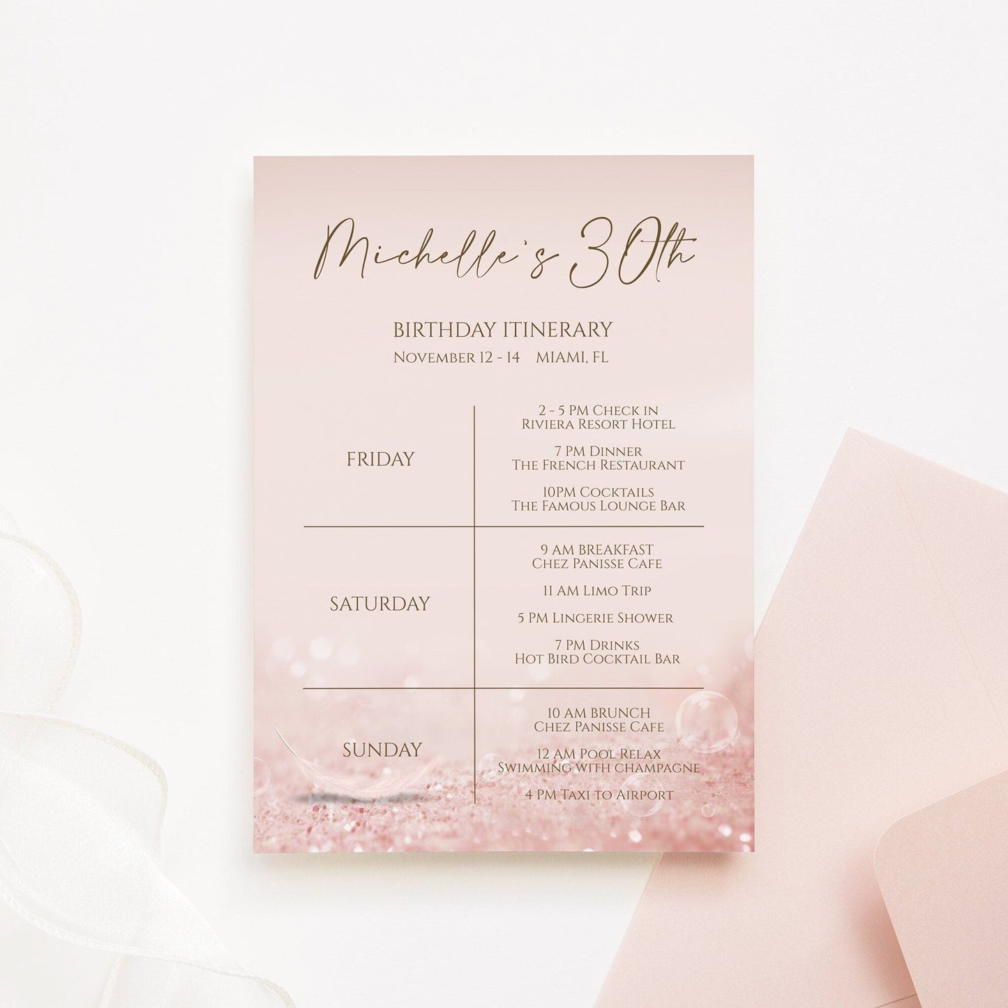 Printable Birthday Itinerary Template, Editable Birthday Itinerary, Birthday Party, Birthday Weekend, Rose Gold Itinerary, Instant Download