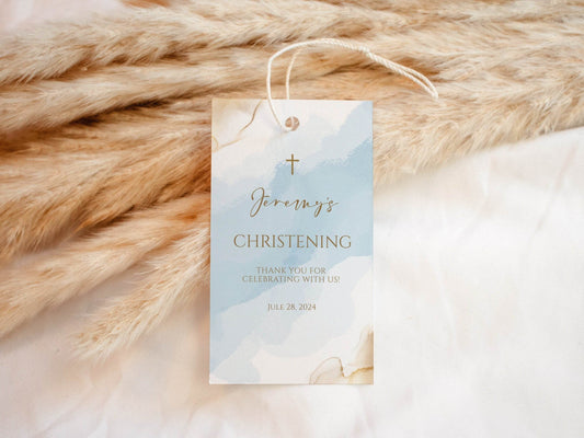 Editable Boy Christening Thank You Tag, Blue Gold Watercolor Baptism Favor Tag, Printable Labels, Instant Download Template