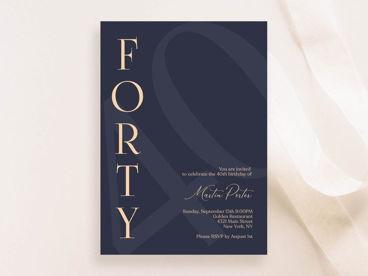 Navy 40th Birthday Invitation Template, Printable Modern Minimalist Forty Birthday Invite for Him, Editable Men’s Evite, Instant Download