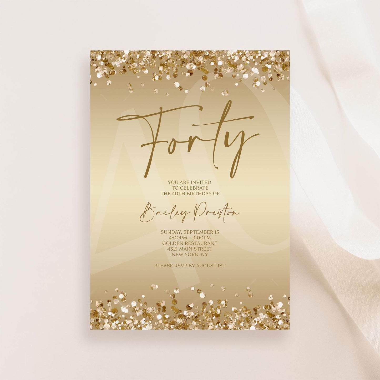 Gold 40th Birthday Invitation Template, Editable Forty Party Printable Invite, Ladies Surprise Birthday Evite, Text Message Digital Download