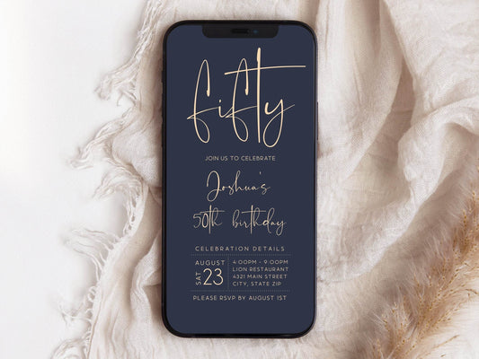 Navy Gold 50th Birthday Invitation Template, Digital Fifty Evite, Editable Men's Birthday Text Message Invite, Electronic Phone Download