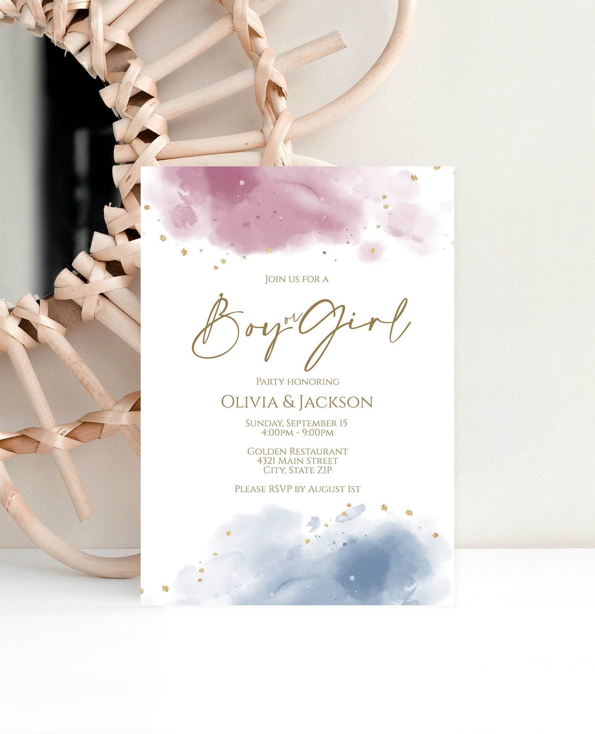 Printable Boy or Girl Invitation Template, Pink and Blue Gender Reveal Neutral Baby Shower Invite, Gold Foil Watercolor Editable Invitation
