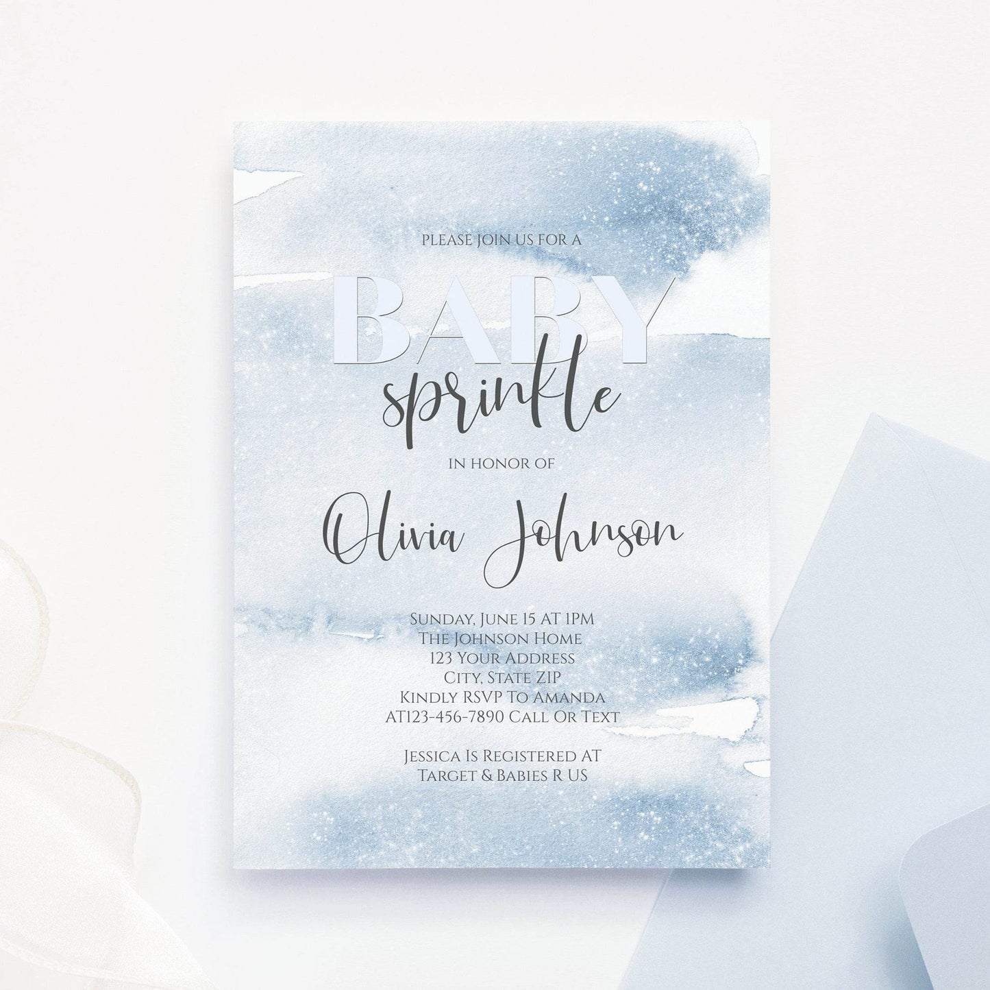 Blue Baby Sprinkle Invitation – Watercolor Baby Shower Template – Printable Boy Invite – Editable Digital Evite – Instant Download