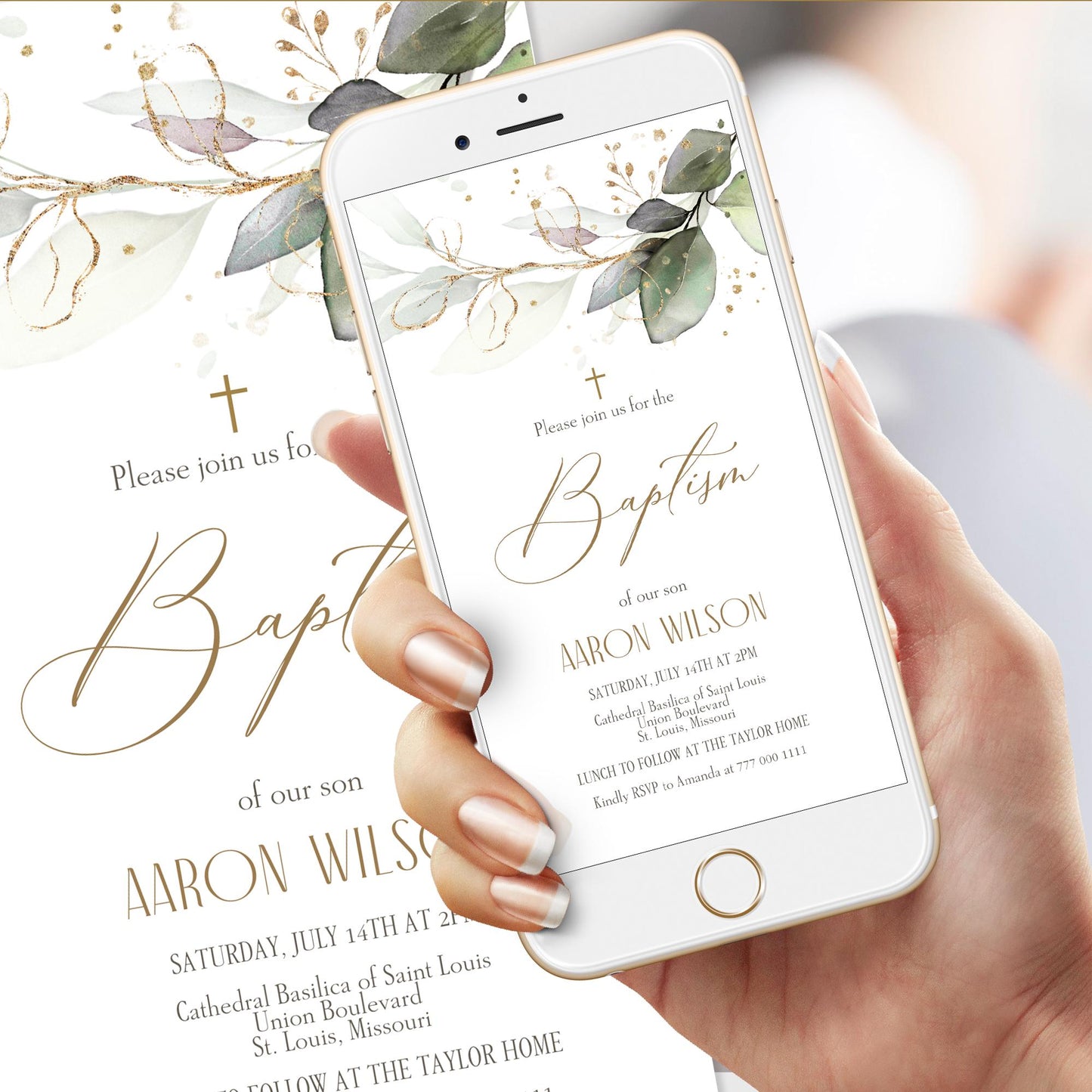 Editable Digital Baptism Invitation Template, Greenery Baptism Electronic Invite, Phone Invitation, Text Message Evite, Christening Invite