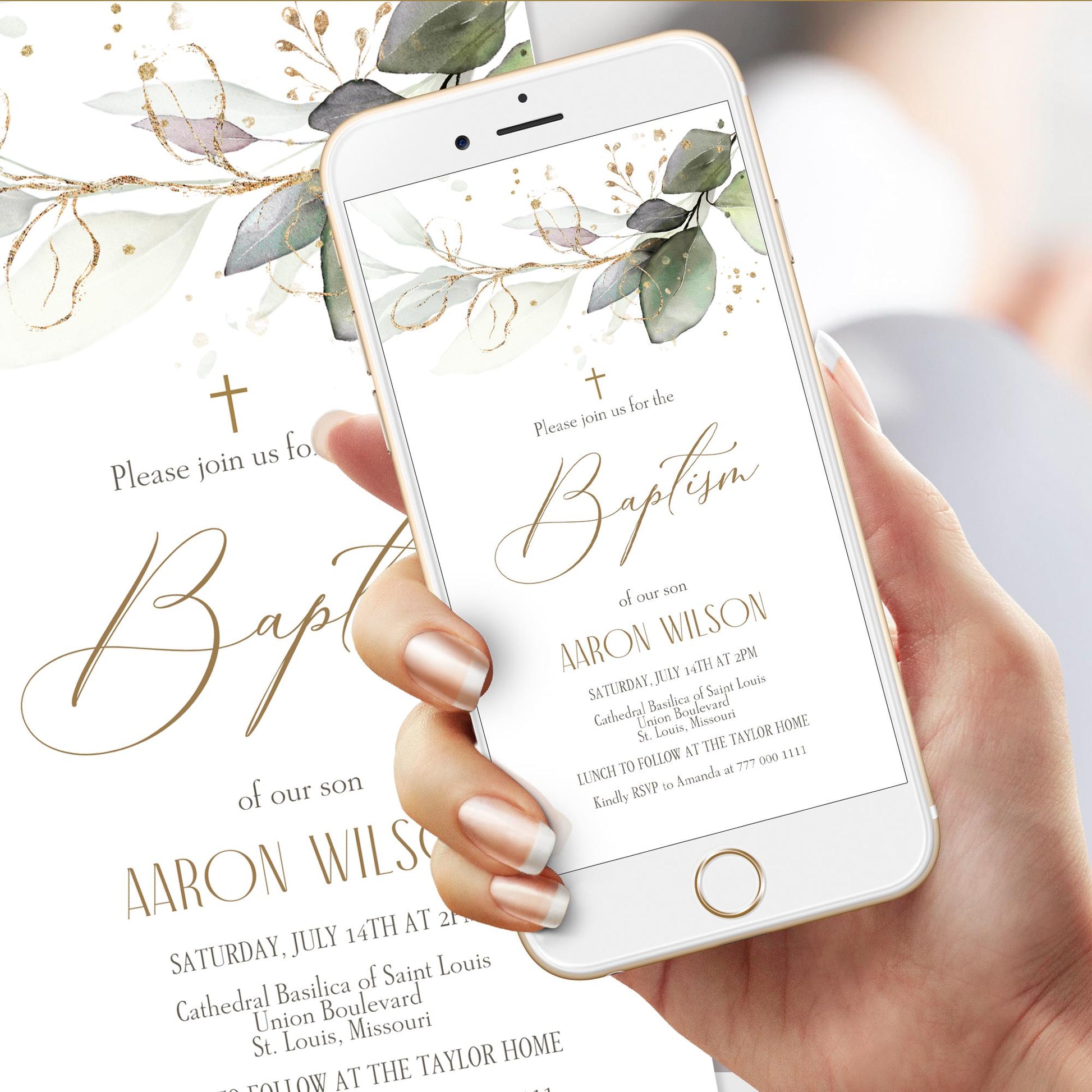 Editable Digital Baptism Invitation Template, Greenery Baptism Electronic Invite, Phone Invitation, Text Message Evite, Christening Invite