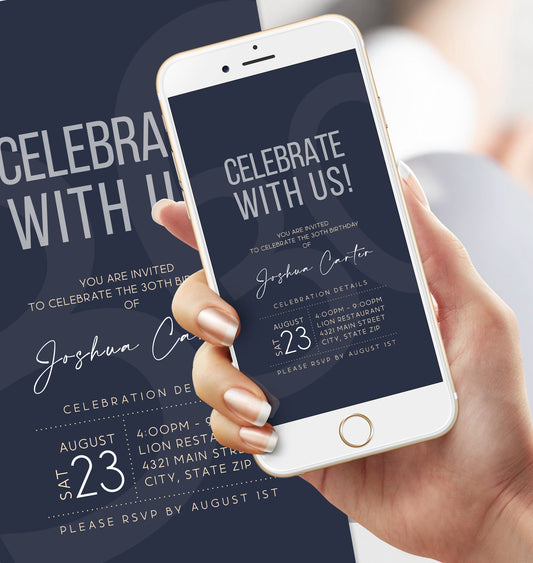 Minimal Navy Birthday Invitation, Custom Digital Mobile Text Message Invite, Editable Text Invitation Template, Electronic Birthday Evite