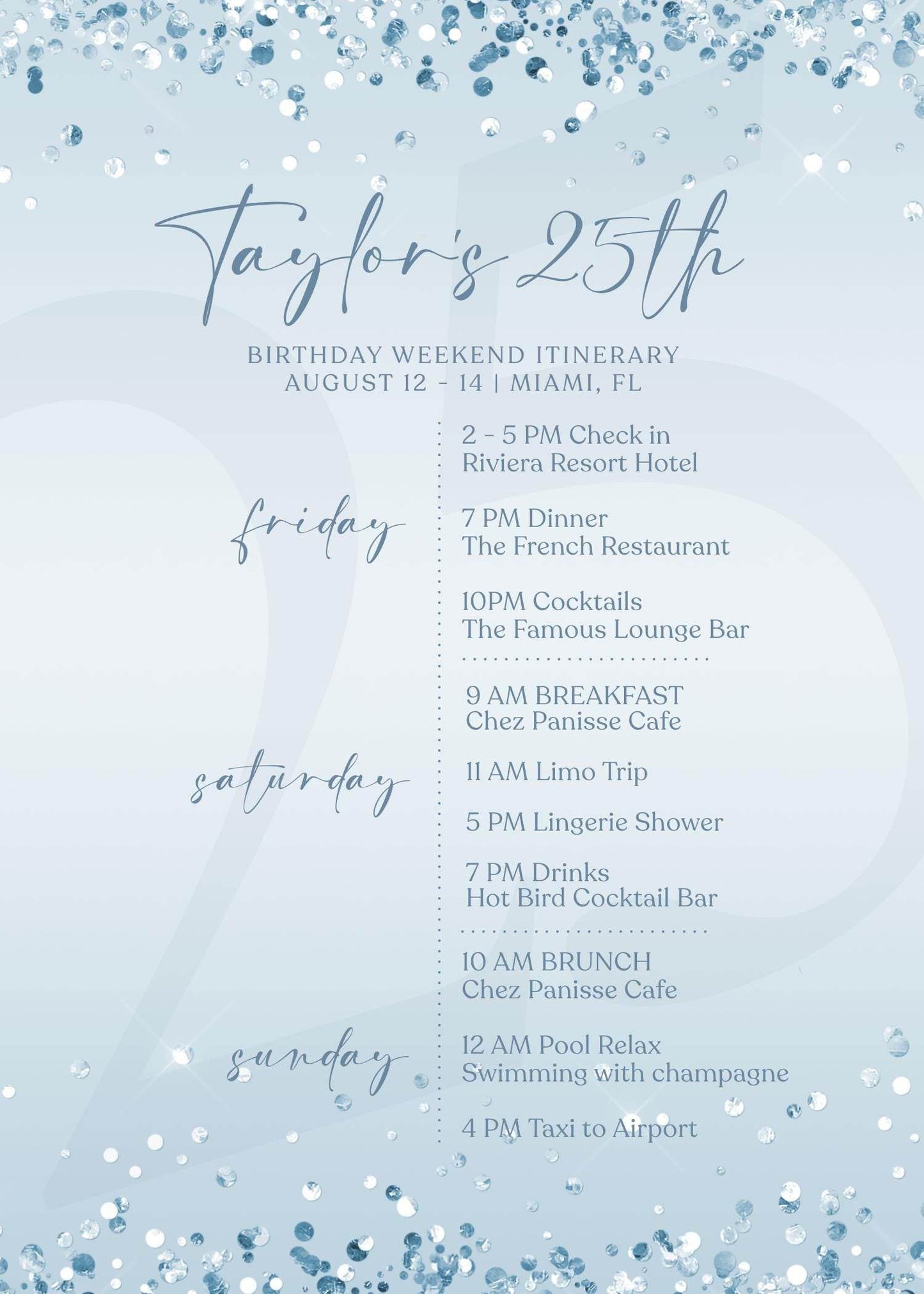 Editable Blue Silver Any Age Birthday Itinerary Template, Printable Blue Confetti Itinerary, Ladies Weekend Itinerary, Email Text Message