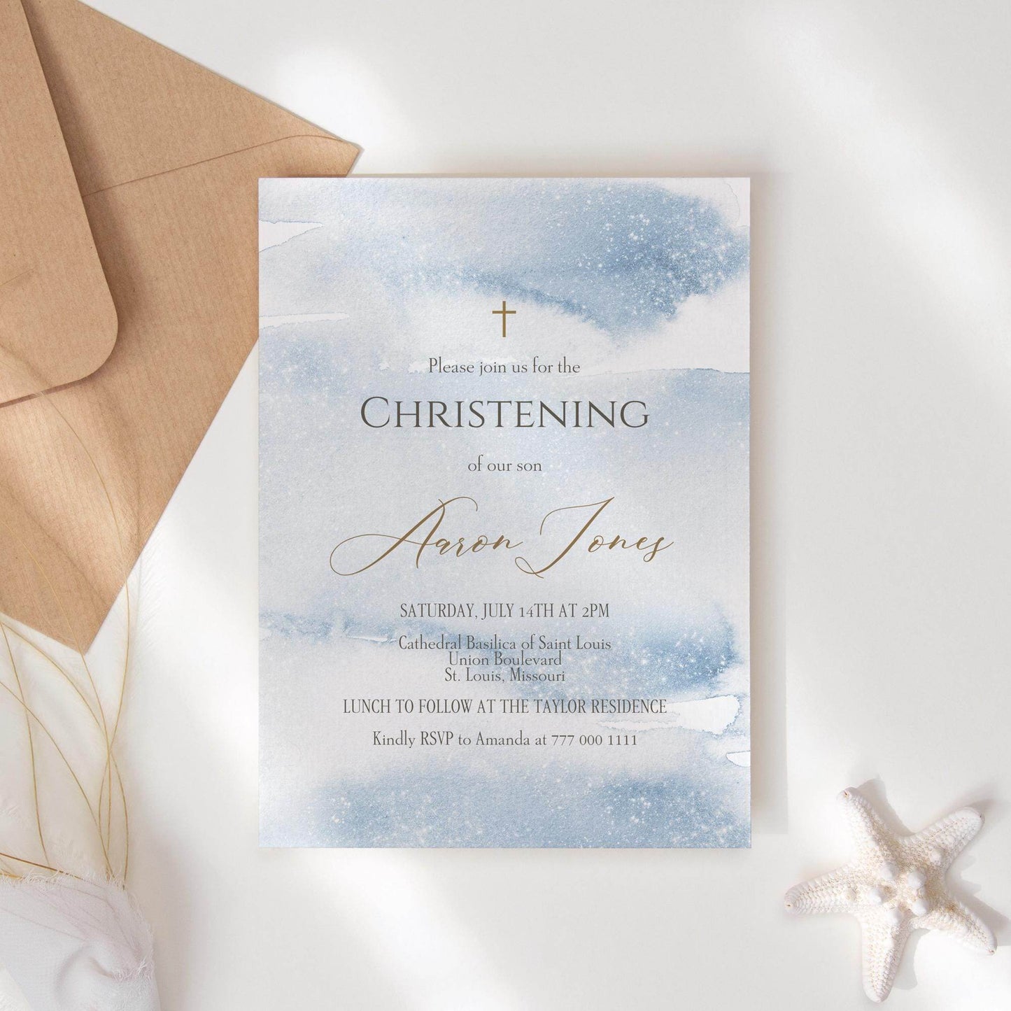 Boy Christening Invitation Template Printable – Blue Watercolor Baptism Invite – Editable Baby Boy Christening Card – Instant Download Digital Invite