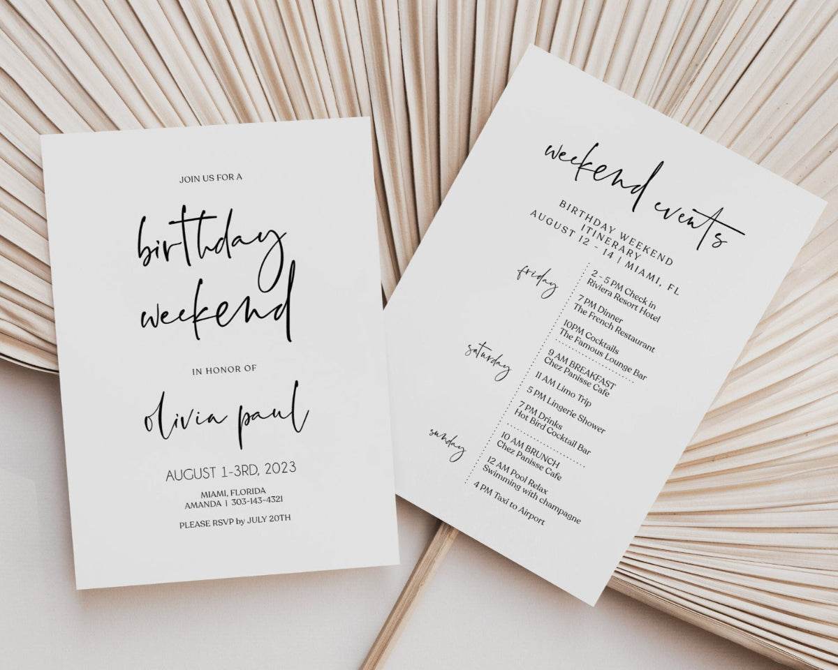 Printable Simple Birthday Weekend Itinerary Template, Editable Birthday Itinerary, Weekend Events, Minimalist Birthday Weekend Itinerary
