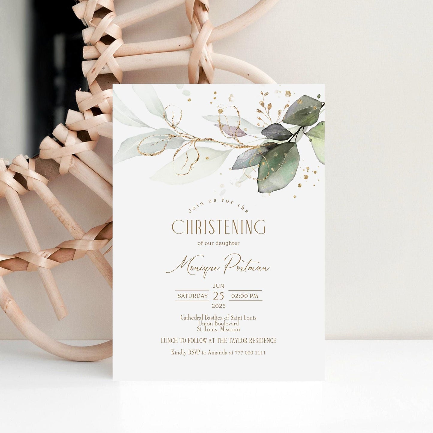Printable Christening Invitation Card Template, Editable Greenery Eucalyptus Invite, Boy Girl Baptism Invitation, Digital Instant Download