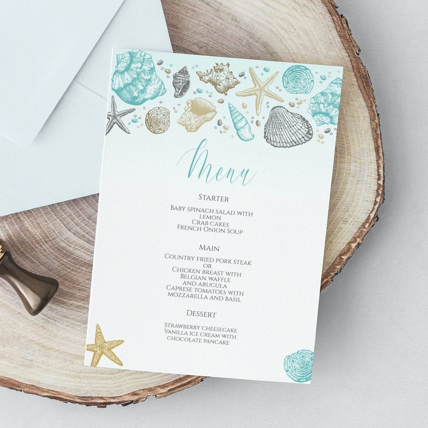 Beach Wedding Menu Template – Printable Sea-Themed 5x7 Menu – Editable Bridal Shower or Party Menu – Instant Digital Download