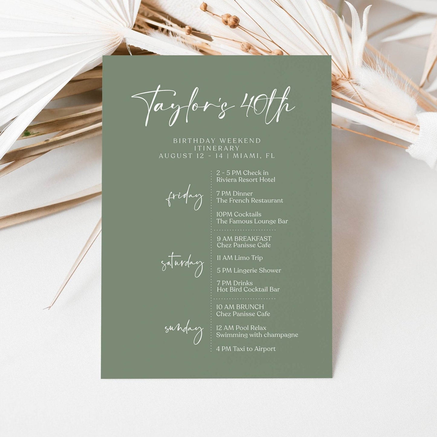 Sage Green 40th Birthday Weekend Itinerary Template, Printable Minimalist Itinerary, Editable Birthday Schedule, Digital Party Weekend Invite