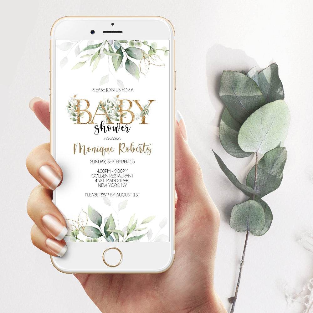 Greenery Baby Shower Invitation – Digital Editable Evite – Text Message Invitation Template – Instant Download – Electronic Invite