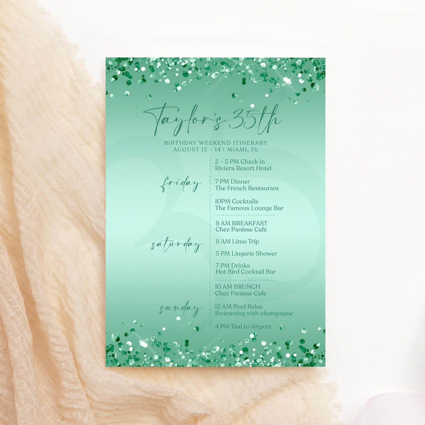 Editable Green Mint Birthday Itinerary Template, Printable Woman Itinerary, Ladies Weekend Itinerary, Party Schedule, Email Text Message