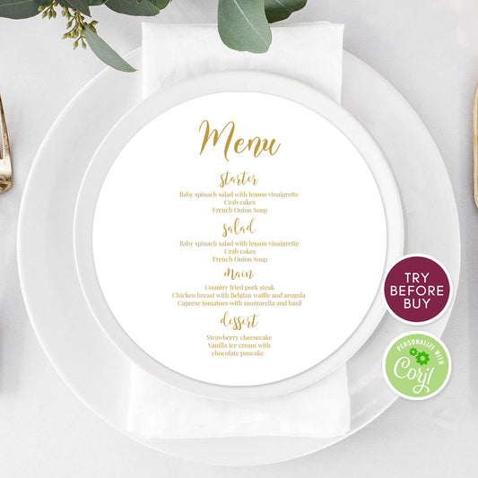 Round Wedding Menu, Editable Gold Wedding Menu, Circle Menu Template, Printable Menu, Calligraphy Wedding Menu, Dinner Menu Download DIY