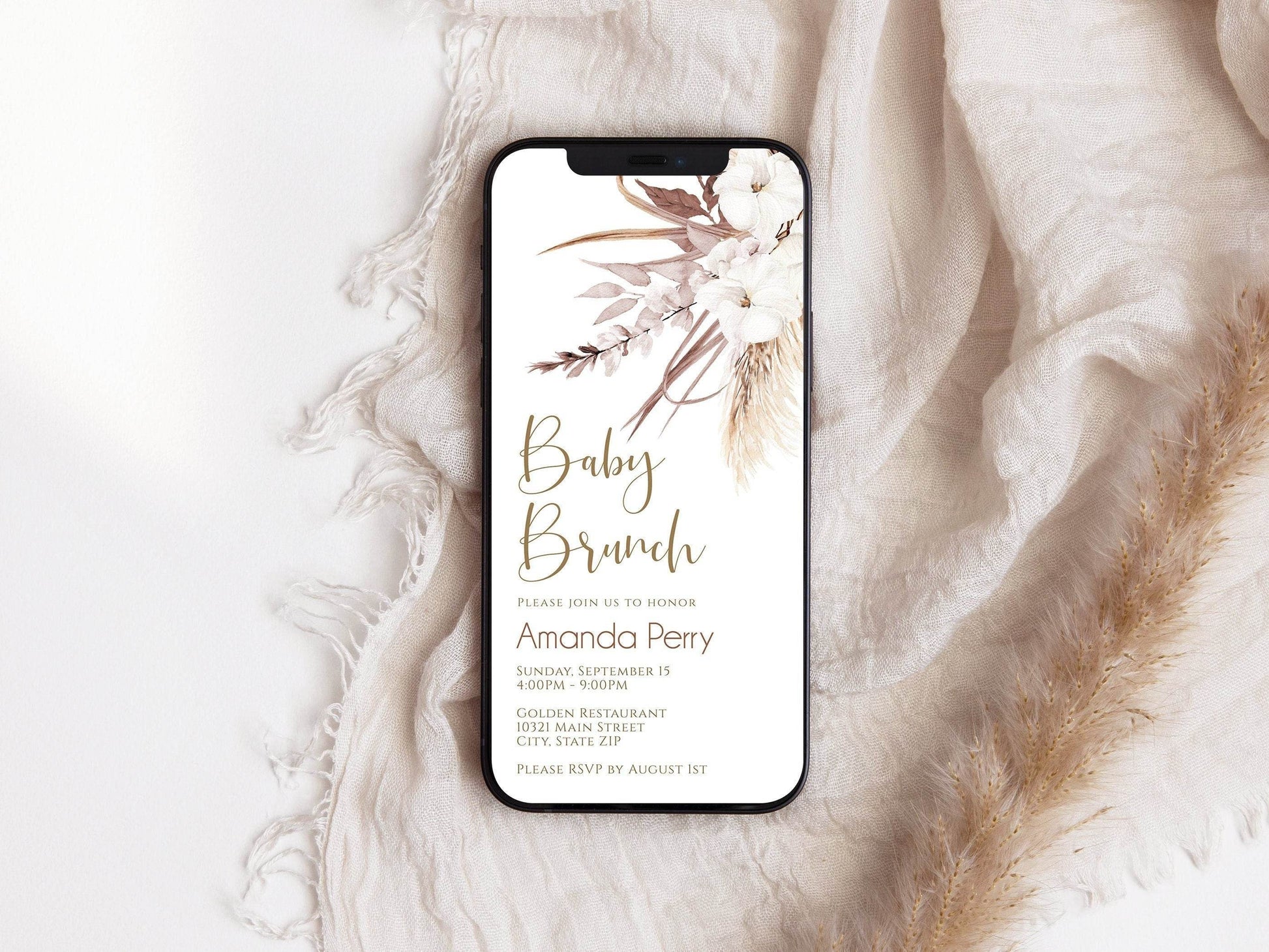 Digital Boho Baby Brunch Evite Invitation, Electronic Baby Shower Invitation, Text Message Invitation, Editable Template, Instant Download