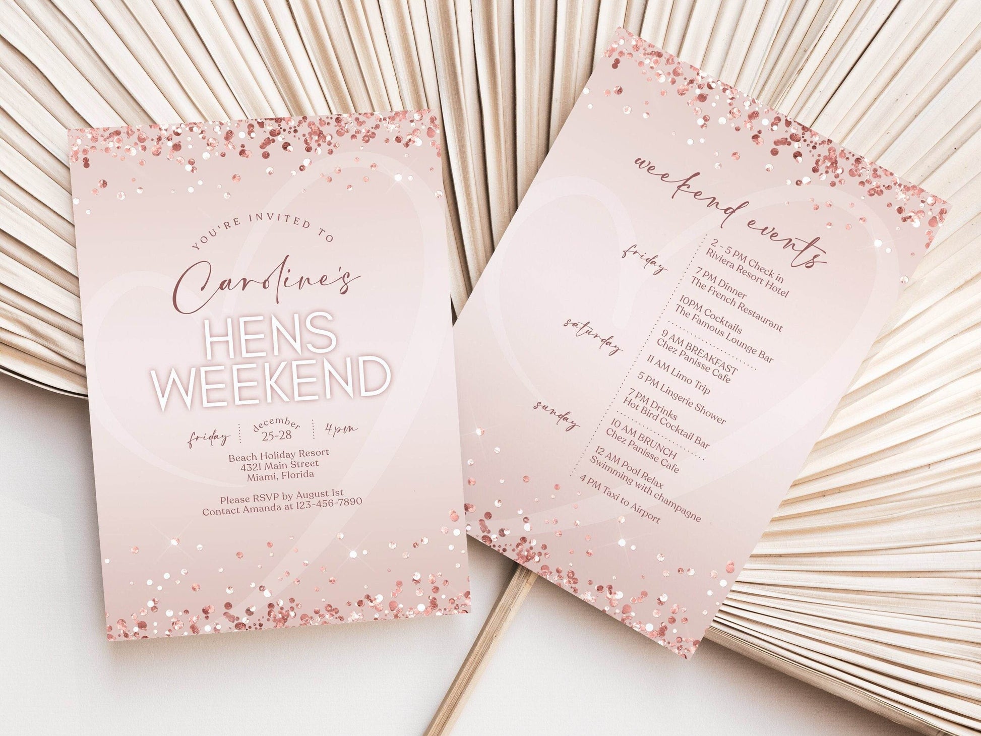 Editable Hens Weekend Itinerary Template, Printable Rose Gold Hens Weekend Invitation, Bachelorette Party Invite, Weekend Events Schedule