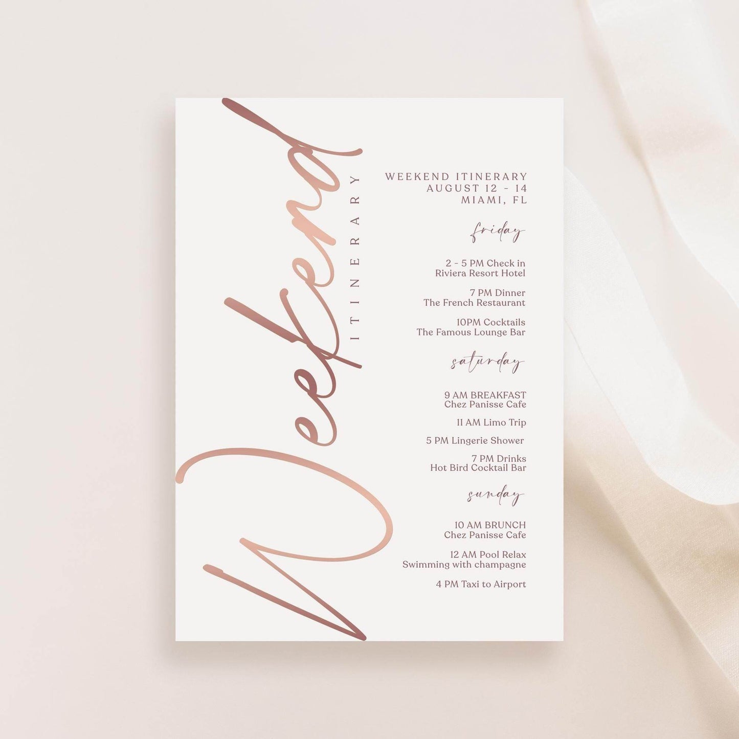 Editable Rose Gold Weekend Itinerary Template – Printable Birthday, Anniversary, or Hen Party Schedule | Digital Download | Email or Text Message Friendly