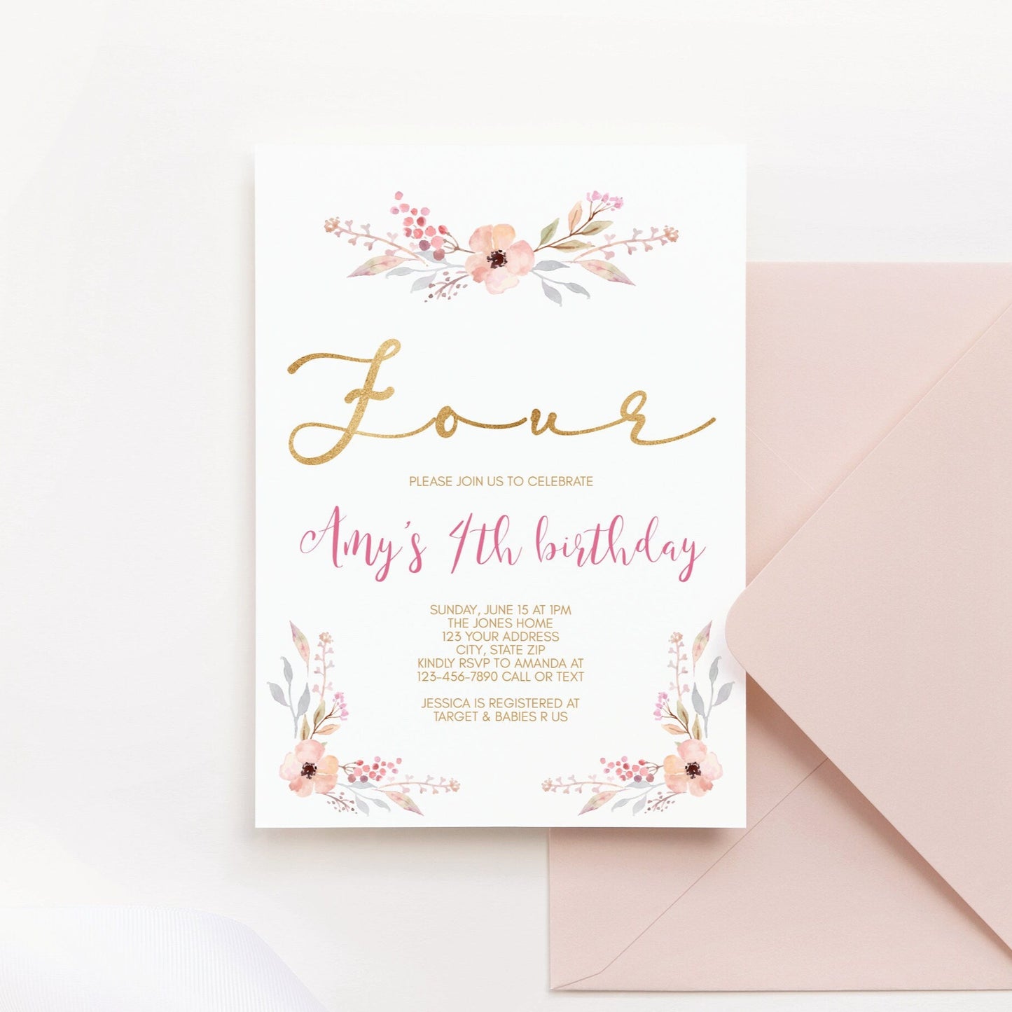 Girl 4th Birthday Printable Invitation, Floral Pink and Gold Fourth Birthday Party Invitation, Editable Invite Template, Instant Download